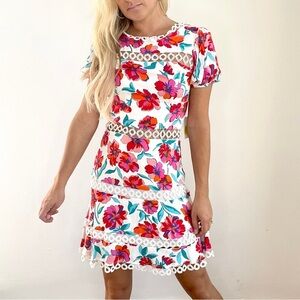 Red, Pink, and White Floral Dress With Lace Semi Sheer Panels